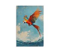 Animal Oil Painting of A Parrot Executing Aerial Tricks Above Tropical Waves, Colors Dazzling Against A Faded Sky-blue Background. Stylish Wall Hanging Art - Decorative Poster Mural16x24inch(40x60cm)