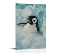 Animal Oil Painting of A Penguin Relaxing in A Bubble Bath, Flippers Peeking through Clouds of Foam on A Soft Seafoam Background. Trendy Hanging Wall Art Decorative Mural Poster24x36inch(60x90cm)