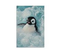 Animal Oil Painting of A Penguin Relaxing in A Bubble Bath, Flippers Peeking through Clouds of Foam on A Soft Seafoam Background. Trendy Hanging Wall Art Decorative Mural Poster08x12inch(20x30cm)