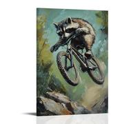 Animal Oil Painting of A Raccoon Mountain Biking Down Rocky Paths, Captured Mid-leap Against A Sage-green Background. Trendy Hanging Wall Art Decorative Mural Poster16x24inch(40x60cm)