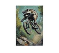 Animal Oil Painting of A Raccoon Mountain Biking Down Rocky Paths, Captured Mid-leap Against A Sage-green Background. Trendy Hanging Wall Art Decorative Mural Poster08x12inch(20x30cm)