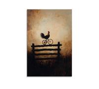 Animal Oil Painting of A Rooster Bike-jumping Rustic Farm Fences at Golden Hour, Silhouetted Against A Dusty Bronze Sky. Fashionable Wall Decor - Hanging Art Poster And Mural20x30inch(50x75cm)