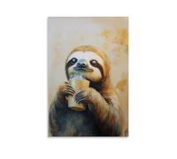 Animal Oil Painting of A Sloth Sipping Coffee at Sunrise, Sleepy Eyes Gazing Into The Golden Mist over A Muted Cream Background. Stylish Wall Hanging Art - Decorative Poster Mural12x18inch(30x45cm)