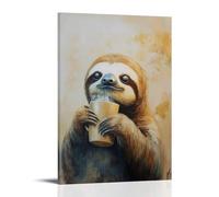 Animal Oil Painting of A Sloth Sipping Coffee at Sunrise, Sleepy Eyes Gazing Into The Golden Mist over A Muted Cream Background. Stylish Wall Hanging Art - Decorative Poster Mural16x24inch(40x60cm)
