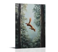 Animal Oil Painting of A Squirrel Performing Parkour Jumps between Tall Trees, Soaring over A Pastel Forest-green Background. Trendy Hanging Wall Art Decorative Mural Poster20x30inch(50x75cm)