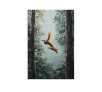 Animal Oil Painting of A Squirrel Performing Parkour Jumps between Tall Trees, Soaring over A Pastel Forest-green Background. Trendy Hanging Wall Art Decorative Mural Poster20x30inch(50x75cm)