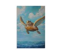 Animal Oil Painting of A Turtle Gliding through Invisible Air Currents in A Winged Suit, Floating Against An Aquamarine Horizon. Trendy Hanging Wall Art Decorative Mural Poster16x24inch(40x60cm)