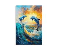 Animal Oil Painting - Playful Dolphin Duo- Vibrant Marine Hues Capturing Two Dolphins Dancing through Turquoise Waves at Sunset Modern Hanging Wall Decor - Artistic Mural Print12x18inch(30x45cm)