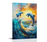 Animal Oil Painting - Playful Dolphin Duo- Vibrant Marine Hues Capturing Two Dolphins Dancing through Turquoise Waves at Sunset Modern Hanging Wall Decor - Artistic Mural Print24x36inch(60x90cm)