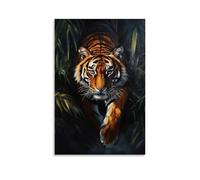 Animal Oil Painting - Powerful Bengal Tiger Emerging from Jungle Shadows, Intense Gaze, Dramatic Chiaroscuro Lighting, Hyperrealistic Style Contemporary Hanging Wall Art - Decorative Mural Design24x36