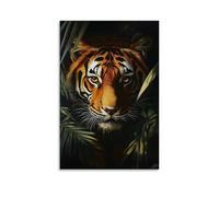 Animal Oil Painting - Powerful Bengal Tiger Emerging from Jungle Shadows, Intense Gaze, Dramatic Chiaroscuro Lighting, Hyperrealistic Style Contemporary Hanging Wall Art - Decorative Mural Design08x12