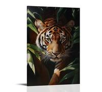 Animal Oil Painting - Powerful Bengal Tiger Emerging from Jungle Shadows, Intense Gaze, Dramatic Chiaroscuro Lighting, Hyperrealistic Style Fashionable Wall Decor - Hanging Art Poster And Mural12x18in