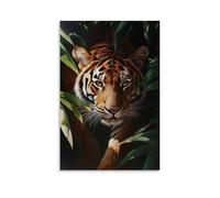 Animal Oil Painting - Powerful Bengal Tiger Emerging from Jungle Shadows, Intense Gaze, Dramatic Chiaroscuro Lighting, Hyperrealistic Style Contemporary Wall Art Mural Hanging Decorative Poster24x36in