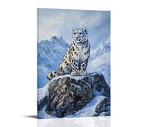 Animal Oil Painting - Snow Leopard Perched on Mountain Cliff with Icy Blue Background Fashionable Wall Decor - Hanging Art Poster And Mural08x12inch(20x30cm)