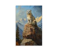 Animal Oil Painting - Snow Leopard Perched on Rocky Cliff with Mountain Landscape Background Fashionable Wall Decor - Hanging Art Poster And Mural12x18inch(30x45cm)