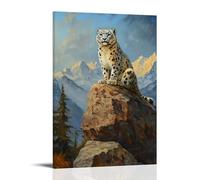 Animal Oil Painting - Snow Leopard Perched on Rocky Cliff with Mountain Landscape Background Fashionable Wall Decor - Hanging Art Poster And Mural08x12inch(20x30cm)