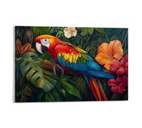 Animal Oil Painting - Tropical Parrot Paradise- A Colorful Macaw with Vibrant Plumage Resting on Lush Jungle Foliage Surrounded by Exotic Flowers Contemporary Hanging Wall Art - Decorative Mural Desig