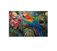 Animal Oil Painting - Tropical Parrot Paradise- A Colorful Macaw with Vibrant Plumage Resting on Lush Jungle Foliage Surrounded by Exotic Flowers Fashionable Wall Decor - Hanging Art Poster And Mural2