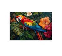 Animal Oil Painting - Tropical Parrot Paradise- A Colorful Macaw with Vibrant Plumage Resting on Lush Jungle Foliage Surrounded by Exotic Flowers Contemporary Hanging Wall Art - Decorative Mural Desig