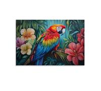 Animal Oil Painting - Tropical Parrot Paradise- A Colorful Macaw with Vibrant Plumage Resting on Lush Jungle Foliage Surrounded by Exotic Flowers Contemporary Hanging Wall Art - Decorative Mural Desig