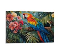 Animal Oil Painting - Tropical Parrot Paradise- A Colorful Macaw with Vibrant Plumage Resting on Lush Jungle Foliage Surrounded by Exotic Flowers Fashionable Wall Decor - Hanging Art Poster And Mural2