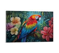 Animal Oil Painting - Tropical Parrot Paradise- A Colorful Macaw with Vibrant Plumage Resting on Lush Jungle Foliage Surrounded by Exotic Flowers Contemporary Hanging Wall Art - Decorative Mural Desig