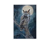Animal Oil Painting - Wise Old Owl- A Textured Nocturnal Portrait of A Great Horned Owl Perched on An Ancient Oak Branch Under Moonlight Modern Hanging Wall Decor - Artistic Mural Print24x36inch(60x90