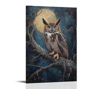 Animal Oil Painting - Wise Old Owl- A Textured Nocturnal Portrait of A Great Horned Owl Perched on An Ancient Oak Branch Under Moonlight Stylish Wall Hanging Art - Decorative Poster Mural24x36inch(60x