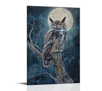 Animal Oil Painting - Wise Old Owl- A Textured Nocturnal Portrait of A Great Horned Owl Perched on An Ancient Oak Branch Under Moonlight Modern Hanging Wall Decor - Artistic Mural Print24x36inch(60x90