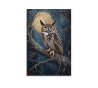 Animal Oil Painting - Wise Old Owl- A Textured Nocturnal Portrait of A Great Horned Owl Perched on An Ancient Oak Branch Under Moonlight Stylish Wall Hanging Art - Decorative Poster Mural08x12inch(20x