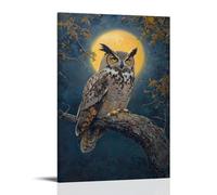 Animal Oil Painting - Wise Old Owl at Moonlight- A Great Horned Owl Perched on An Ancient Oak Branch Under The Glow of A Full Moon Fashionable Wall Decor - Hanging Art Poster And Mural24x36inch(60x90c