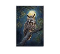 Animal Oil Painting - Wise Old Owl at Moonlight- A Great Horned Owl Perched on An Ancient Oak Branch Under The Glow of A Full Moon Contemporary Hanging Wall Art - Decorative Mural Design12x18inch(30x4
