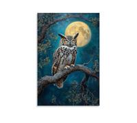 Animal Oil Painting - Wise Old Owl at Moonlight- A Great Horned Owl Perched on An Ancient Oak Branch Under The Glow of A Full Moon Contemporary Hanging Wall Art - Decorative Mural Design16x24inch(40x6
