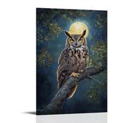 Animal Oil Painting - Wise Old Owl at Moonlight- A Great Horned Owl Perched on An Ancient Oak Branch Under The Glow of A Full Moon Contemporary Hanging Wall Art - Decorative Mural Design24x36inch(60x9