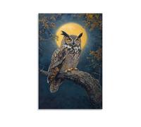 Animal Oil Painting - Wise Old Owl at Moonlight- A Great Horned Owl Perched on An Ancient Oak Branch Under The Glow of A Full Moon Fashionable Wall Decor - Hanging Art Poster And Mural12x18inch(30x45c