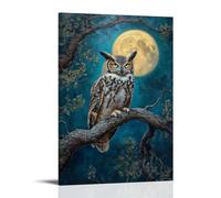 Animal Oil Painting - Wise Old Owl at Moonlight- A Great Horned Owl Perched on An Ancient Oak Branch Under The Glow of A Full Moon Contemporary Hanging Wall Art - Decorative Mural Design08x12inch(20x3