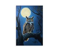 Animal Oil Painting - Wise Old Owl in Moonlight- A Detailed Portrait of A Great Horned Owl Perched on An Ancient Oak Branch Under A Full Moon Stylish Wall Hanging Art - Decorative Poster Mural12x18inc