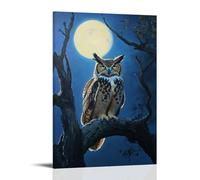 Animal Oil Painting - Wise Old Owl in Moonlight- A Detailed Portrait of A Great Horned Owl Perched on An Ancient Oak Branch Under A Full Moon Stylish Wall Hanging Art - Decorative Poster Mural16x24inc