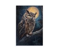Animal Oil Painting - Wise Old Owl in Moonlit Forest- Detailed Feathers And Luminous Eyes Watching from Ancient Oak Branch Fashionable Wall Decor - Hanging Art Poster And Mural16x24inch(40x60cm)