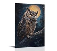 Animal Oil Painting - Wise Old Owl in Moonlit Forest- Detailed Feathers And Luminous Eyes Watching from Ancient Oak Branch Fashionable Wall Decor - Hanging Art Poster And Mural12x18inch(30x45cm)
