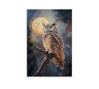 Animal Oil Painting - Wise Old Owl Perched on Moonlit Branch with Feathers Glowing in Night Light Modern Hanging Wall Decor - Artistic Mural Print24x36inch(60x90cm)