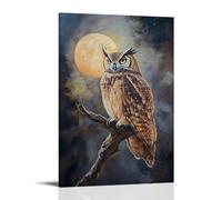 Animal Oil Painting - Wise Old Owl Perched on Moonlit Branch with Feathers Glowing in Night Light Modern Hanging Wall Decor - Artistic Mural Print24x36inch(60x90cm)
