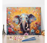 Animal Paint by Numbers, Elephant and Flowers Painting by Numbers for Adults, Canvas, Colourful Painting by Numbers with Brushes and Pigment, Frameless Oil Painting Craft Set, 40 x 50 cm