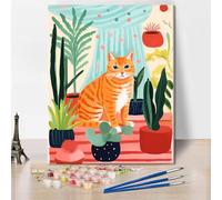 Animal Painting by Number Cute Orange Cat Sitting on The Floor in a Flower Pot Paint by Numbers Kit for Adults, Digital Painting with Brushes and Pigment for Home Decoration, 16x20 Inch