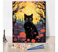 Animal Painting by Numbers Kit for Adults Black Cat and Red Flowers in The Night City Paint by Number with Brushes and Pigment, Art Crafts DIY Oil Painting, 16x20 Inch