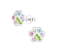 Animal Paw Print Earrings - 925 Sterling Silver with Colourful Rainbow Crystal Stones