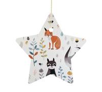 Animal Picture Ceramic Christmas Star Ornaments - 2.7 Inch Rustic Star Xmas Tree Decor with Hanging String, Personalized Vintage Double-Sided Holiday Party Decorations for Xmas Gifts