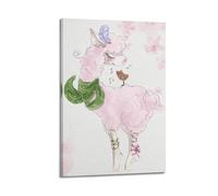 Animal Pink Alpaca with Feather Accessory And Accompanied by A Bird Poster Modern Wall Art Canvas Aesthetic Decoration Painting 24x36inch(60x90cm) Frame-style