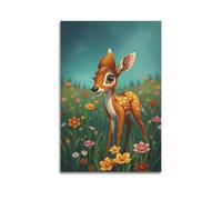Animal Poster A Scared Fawn in A Flower Field Poster Wall Art Canvas Aesthetic Cover Painting for Living Room Bed Room 24x36inch(60x90cm) Unframe-style