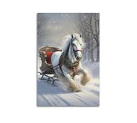 Animal Poster A White Horse Pulling A Sleigh in The Snow, Cute Artwork Poster Decorative Painting Canvas Wall Posters And Art Picture Print Modern Family Bedroom Decor Posters 16x24inch(40x60cm)